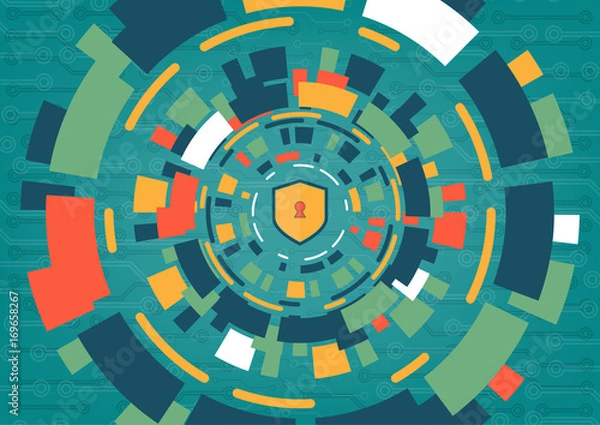 Obraz Cyber security concept vector illustration. Shield with keyhole on multicolor technology circle  background.