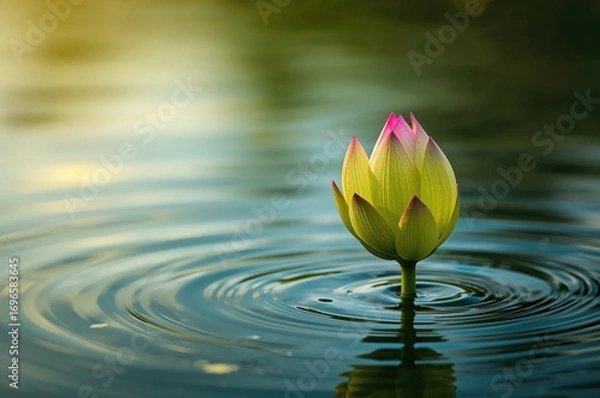 Fototapeta Close-up of a vibrant lotus flower with a green natural backdrop, showcasing an abstract floral pattern representing water and the essence of spring and summer
