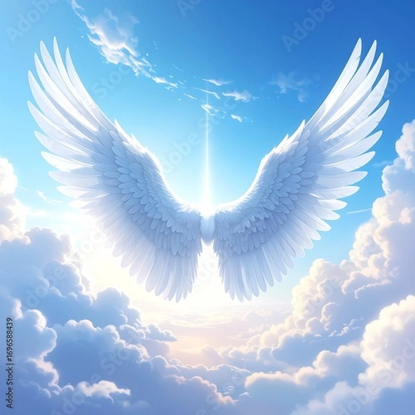 Fototapeta A pair of large, white angel wings spread wide against a vibrant, pastel sky filled with fluffy clouds, a radiant light source illuminating the scene.