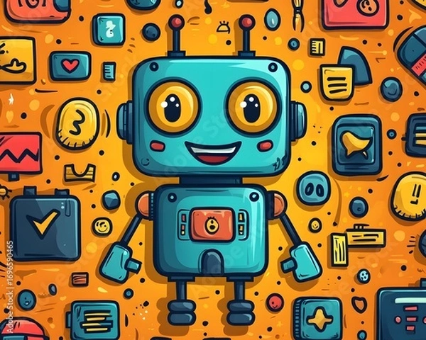 Fototapeta Cheerful Robot: a vibrant cartoon robot illustration, set against a whimsical background of digital icons and symbols, exuding charm and technological fascination.