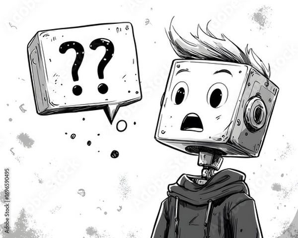 Fototapeta Inquisitive Robot: A sketch of a futuristic robot, its square head displaying an array of question marks, symbolizing curiosity and inquiry in a digital world.