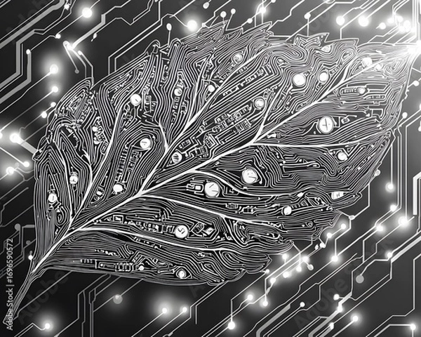 Fototapeta Digital Leaf Concept: A meticulously crafted digital image presenting a leaf transformed into a circuit board, showcasing a blend of technology and nature. A captivating representation of innovation.