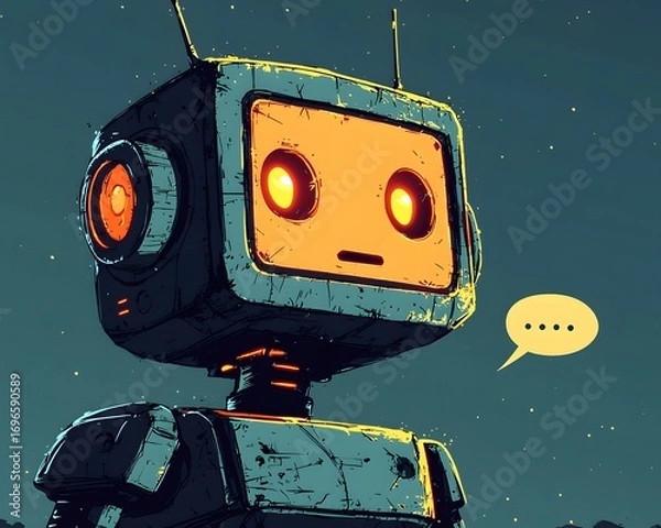 Fototapeta Retro Robot's Thought Bubble: A vintage-inspired robot contemplates in thought bubble, evoking nostalgia and the evolution of technology in a futuristic illustration.