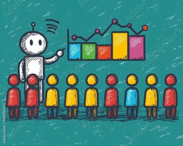 Fototapeta Robotic Presentation: A digital rendering showcases a friendly robot interacting with a diverse audience during a data presentation. It evokes innovation, teamwork.