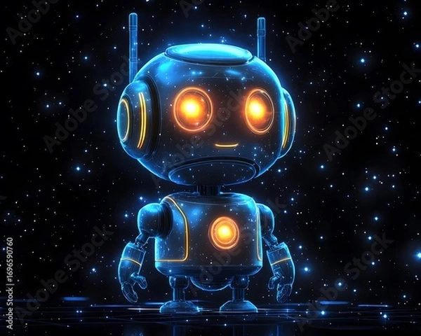 Fototapeta Futuristic Robot: A charming and cute robot stands out against a dark background. glowing eyes of the robot shine brilliantly