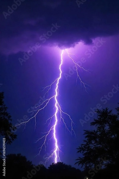 Obraz Dramatic shot of a powerful lightning bolt striking during a thunderstorm, illuminating the dark sky with intense light and jagged branches , atmospheric, illumination, atmospheric electricity