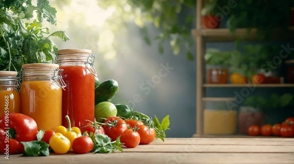 Fototapeta Homemade vegetable preserves with tomatoes and peppers on rustic table