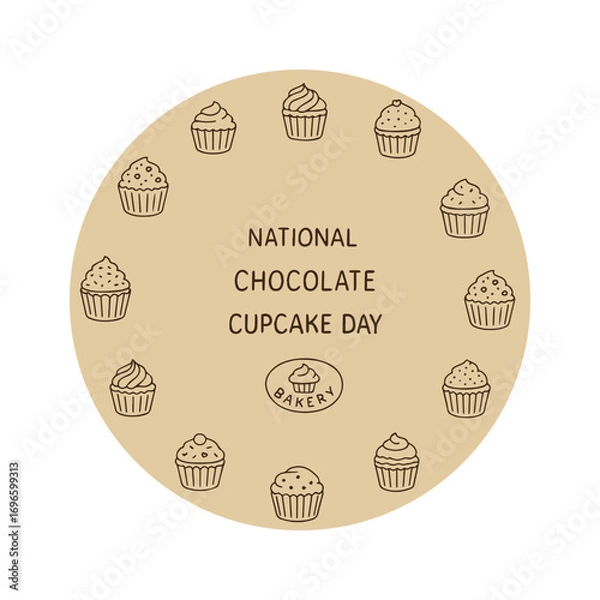 Fototapeta Vector illustration celebrating National Chocolate Cupcake Day with a circular arrangement of cupcakes. Perfect for bakery promotions, dessert-themed designs, and festive events.