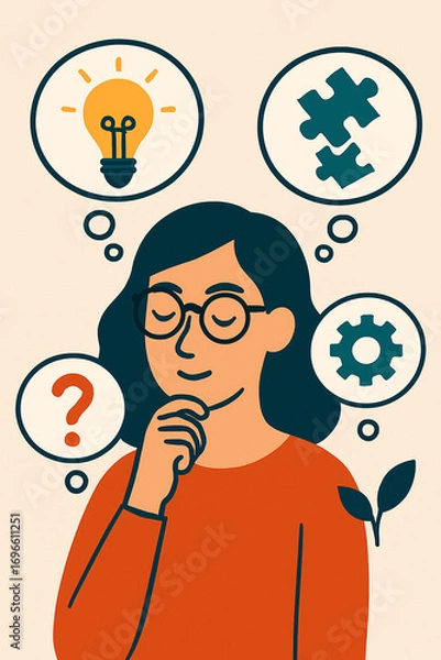 Fototapeta Woman with Glasses Thinking and Brainstorming with Thought Bubbles and Ideas