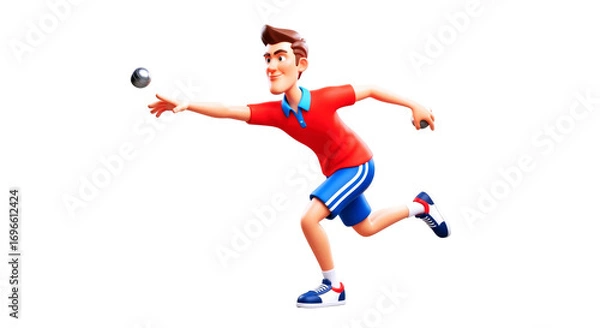 Fototapeta 3d cartoon bocce player dynamic throw, focused expression, summer sport fun, isolated on transparent background