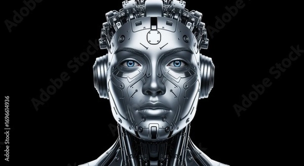 Fototapeta Futuristic Humanoid Robot Face with Blue Eyes