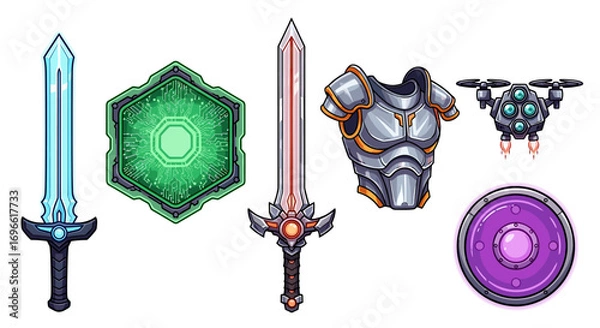 Fototapeta Fantasy game assets featuring medieval weapons and futuristic technology elements