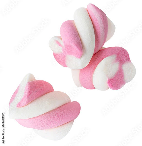 Fototapeta Marshmallow isolated flying on white background. Twisted  rainbow coloured marshmallow Candy Levitating in air