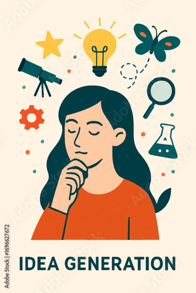 Fototapeta Idea generation and creative thinking concept with a pensive person surrounded by symbols of discovery, innovation, and imagination, such as a lightbulb and telescope