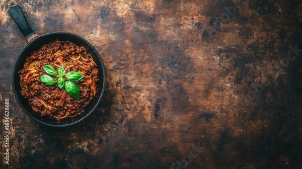 Fototapeta Delicious spaghetti bolognese served in black skillet on rustic table