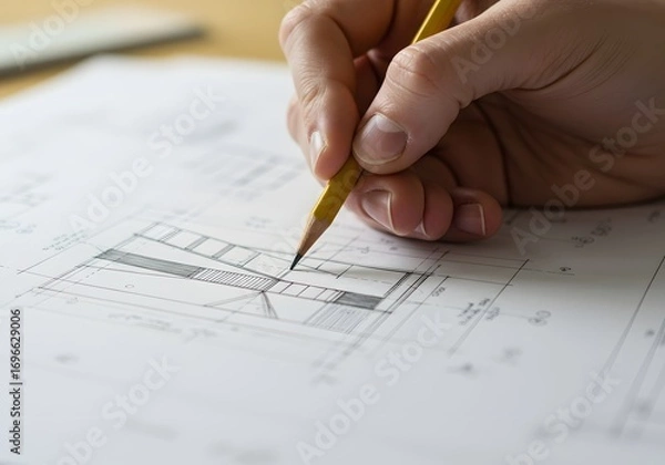 Fototapeta Architect's Hand Sketching Architectural Blueprint with Pencil Design, Plan, Drawing, Project Concept.