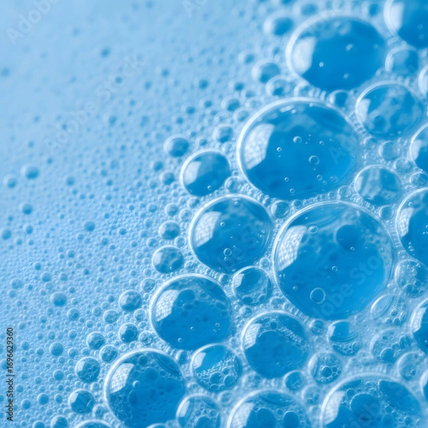Fototapeta Blue liquid surface with bubbles macro abstract background