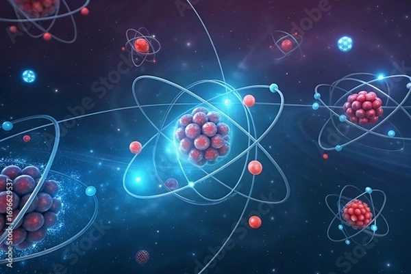 Fototapeta Atomic structure with glowing nucleus and orbiting electrons
