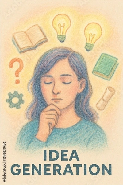 Fototapeta Title: Thoughtful woman engaging in idea generation and creative thinking, surrounded by symbols like glowing lightbulbs, books, and question marks, representing inspiration and problem-solving