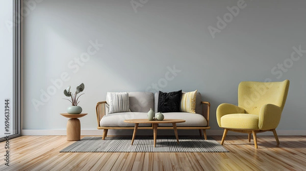 Fototapeta Empty living room Minimalist Style, Modern Scandinavian and minimalist living room interior