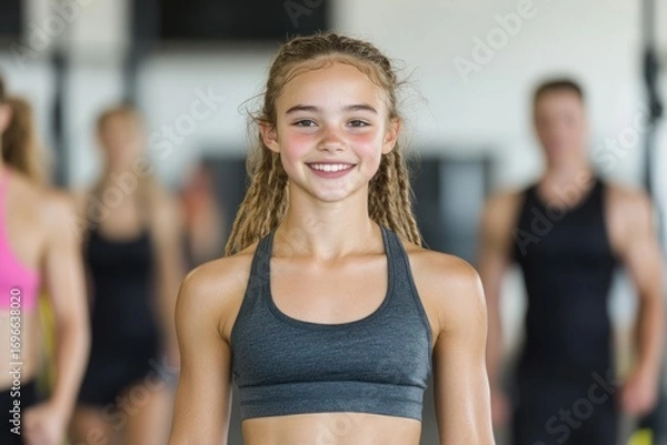 Fototapeta Overhead view of a fitness trainer guiding a HIIT group class for total body transformation