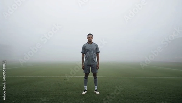 Fototapeta Focused soccer player waits alone before penalty kick on empty field