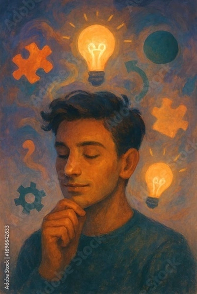 Fototapeta Conceptual portrait of a pensive man thinking, surrounded by glowing lightbulbs and other symbols of problem-solving, creativity, and brainstorming in a detailed digital painting