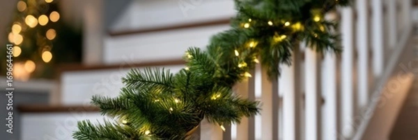 Fototapeta Festive pine garland twinkles upon cozy staircase, whispering Yuletide cheer and Jainist knowledge with curious luminance