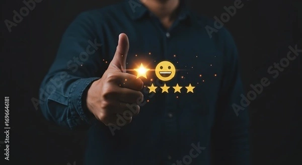 Fototapeta Customer Satisfaction Thumbs Up with Five Star Rating and Happy Face