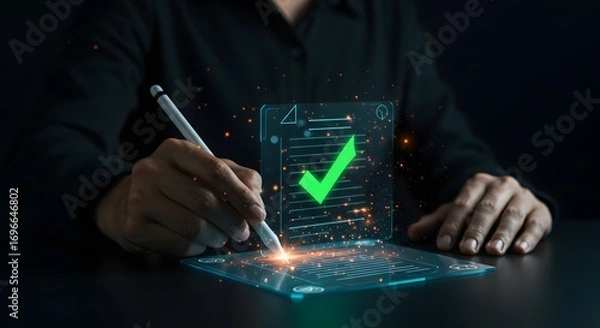 Fototapeta Digital Document Approval with Checkmark on Futuristic Interface