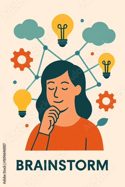 Fototapeta Creative brainstorm session concept with a thoughtful person surrounded by interconnected lightbulbs and cloud-like thoughts, representing the flow of new ideas