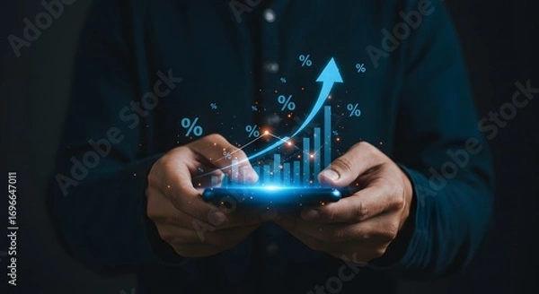 Fototapeta Digital Growth: Smartphone Displaying Upward Trend Graph with Percentages