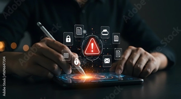 Fototapeta Digital Security Alert: Person Interacting with Cybersecurity Icons on Tablet