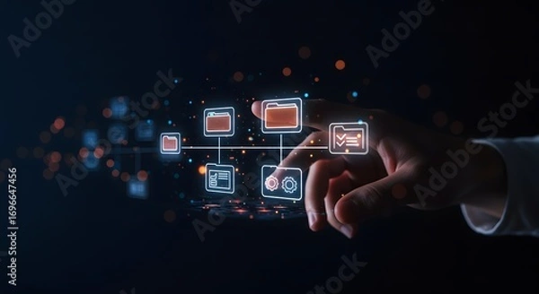 Fototapeta Digital Transformation: Hand Interacting with Futuristic UI Elements and Data Flow
