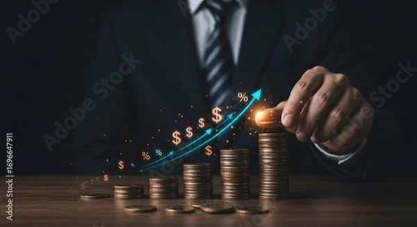 Fototapeta Financial Growth Concept: Businessman Stacking Coins with Upward Arrow and Dollar Signs