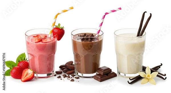 Fototapeta Delicious assortment of strawberry, chocolate, and vanilla milkshakes isolated on white background