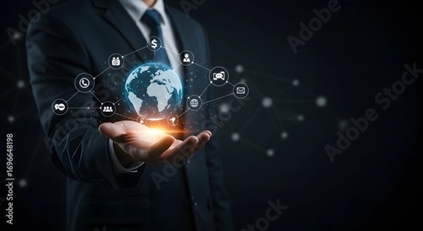 Fototapeta Global Business Network and Digital Communication Concept with Businessman Holding Earth