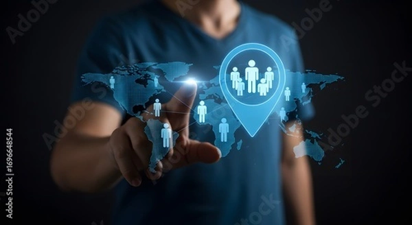Fototapeta Global Network Connection: Person Touching World Map with People Icons