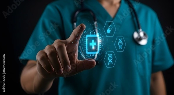 Fototapeta Healthcare Professional Interacting with Futuristic Digital Medical Interface