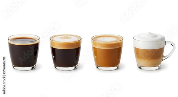 Fototapeta Four coffee drinks lined up on a white background, from espresso to latte macchiato