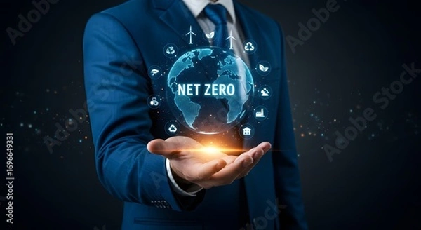 Fototapeta Net Zero Concept: Businessman Holding Globe with Eco Icons and Emissions Reduction Symbols