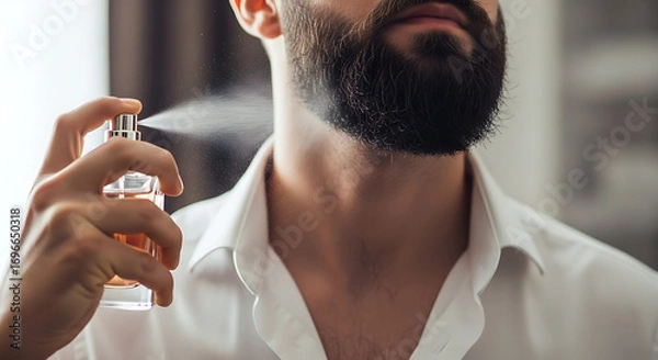 Fototapeta Man Applying Cologne Refreshing Fragrance for a Stylish and Confident Appearance