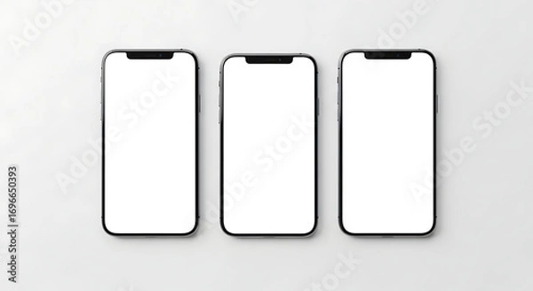 Fototapeta Three blank smartphones aligned in a row on a clean, white surface, perfect for mockups