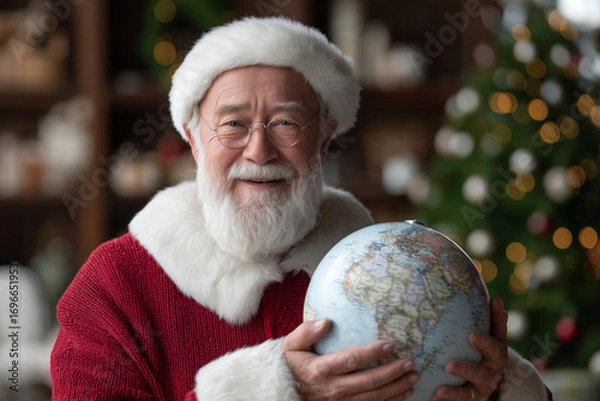 Fototapeta A smiling man in a red Santa suit holding a globe