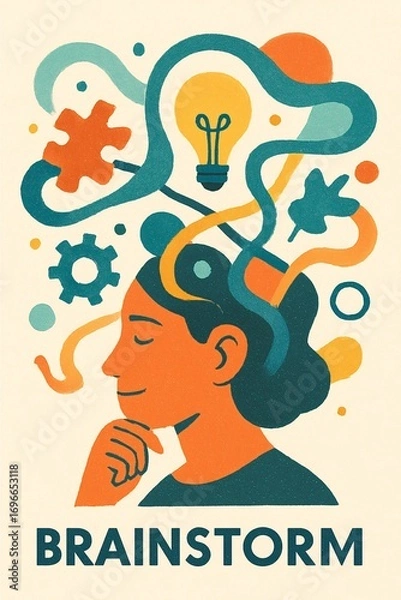 Fototapeta Brainstorming process and creative thinking concept with a thoughtful person, represented by swirling lines and icons like a lightbulb and gears bursting from her head