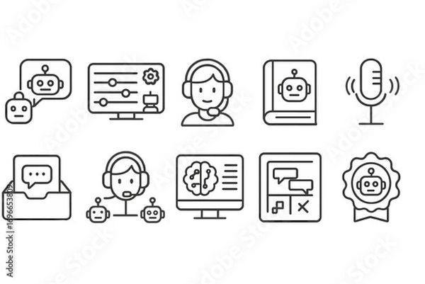 Fototapeta Chatbot, ai outline icon set. customer service, tech interface, digital communication