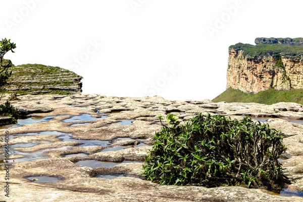 Fototapeta Imposing rock formation with a prominent plateau. Natural landscape of Chapada Diamantina, with caatinga and cerrado vegetation. Transparent background. Ideal for matte painting and conceptual art.