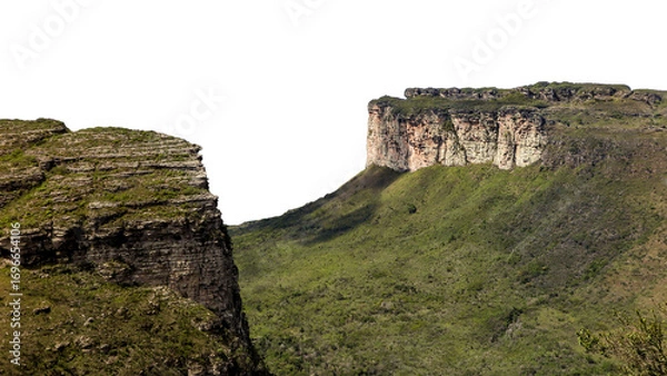 Fototapeta Imposing rock formation with a prominent plateau. Natural landscape of Chapada Diamantina, with caatinga and cerrado vegetation. Transparent background. Ideal for matte painting and conceptual art.