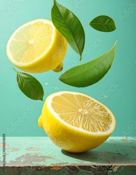 Fototapeta Two halves of a vibrant yellow lemon, surrounded by fresh green leaves, hover mid-air against a teal backdrop, showcasing the fruit's juicy essence and healthy vitality.