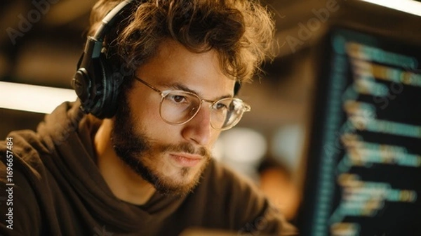 Fototapeta software student writing code during online course, headphones on